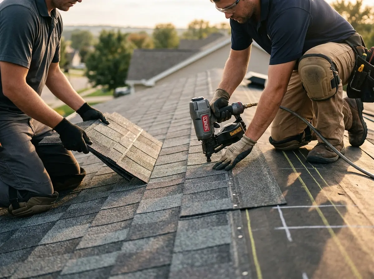 Professional roofer working on a residential roof in Kennedy